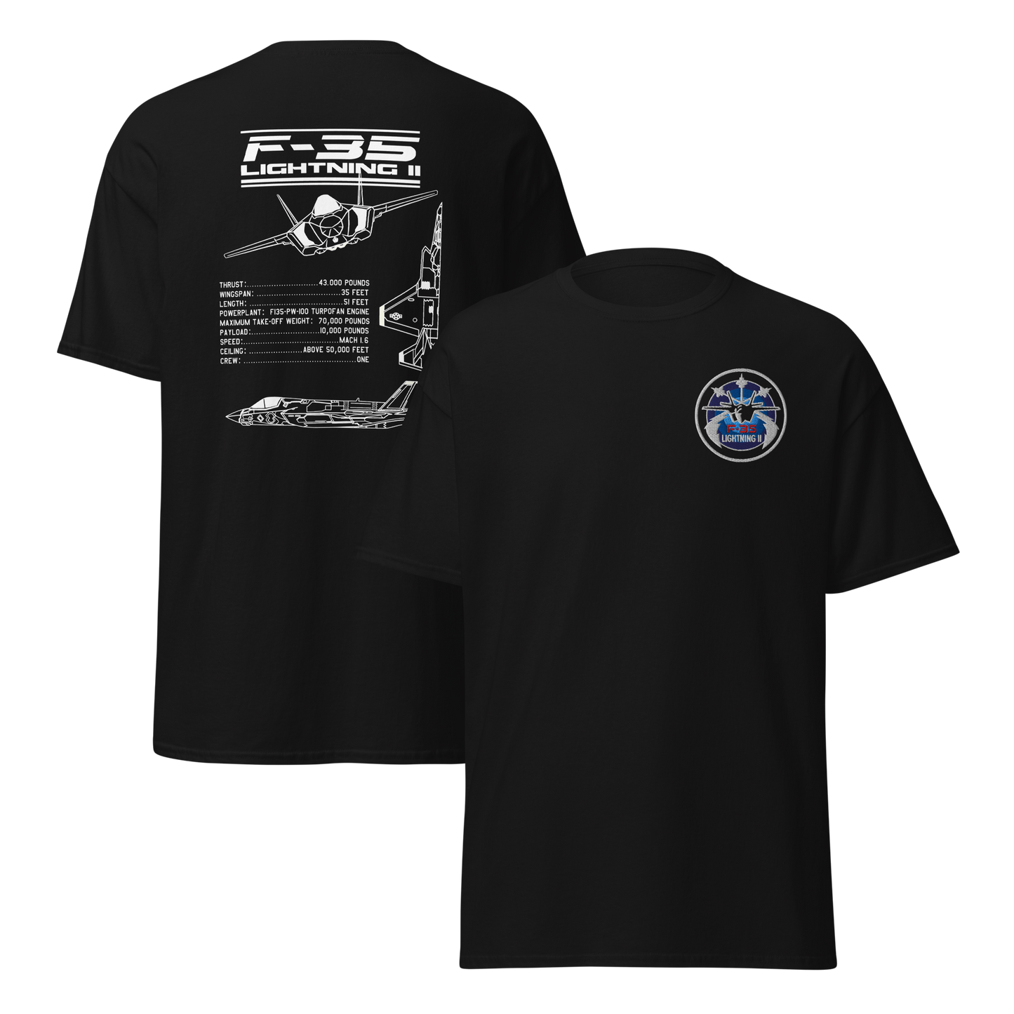 F-35 Lightning II T-Shirt – Embroidered Chest Badge & Jet Views + Specs Back – Stealth Fighter Tee for Aviation Enthusiasts