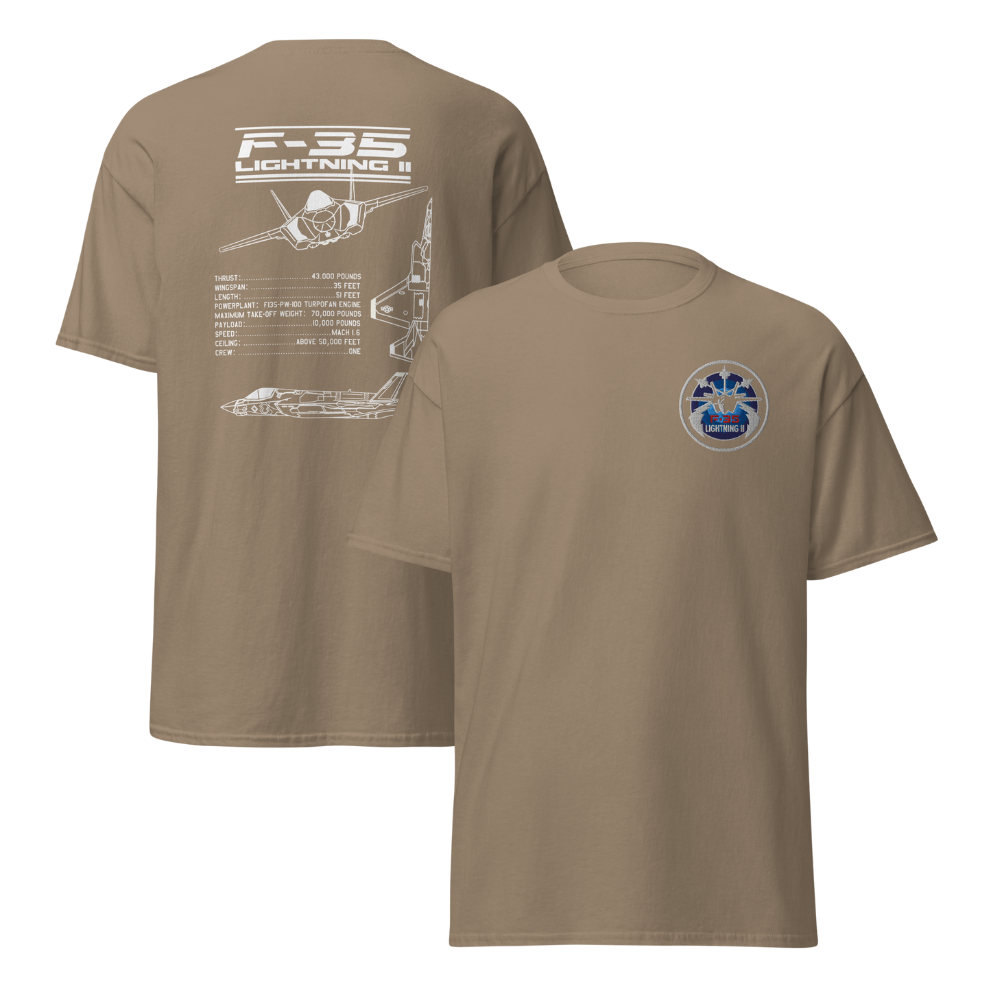 F-35 Lightning II T-Shirt – Embroidered Chest Badge & Jet Views + Specs Back – Stealth Fighter Tee for Aviation Enthusiasts