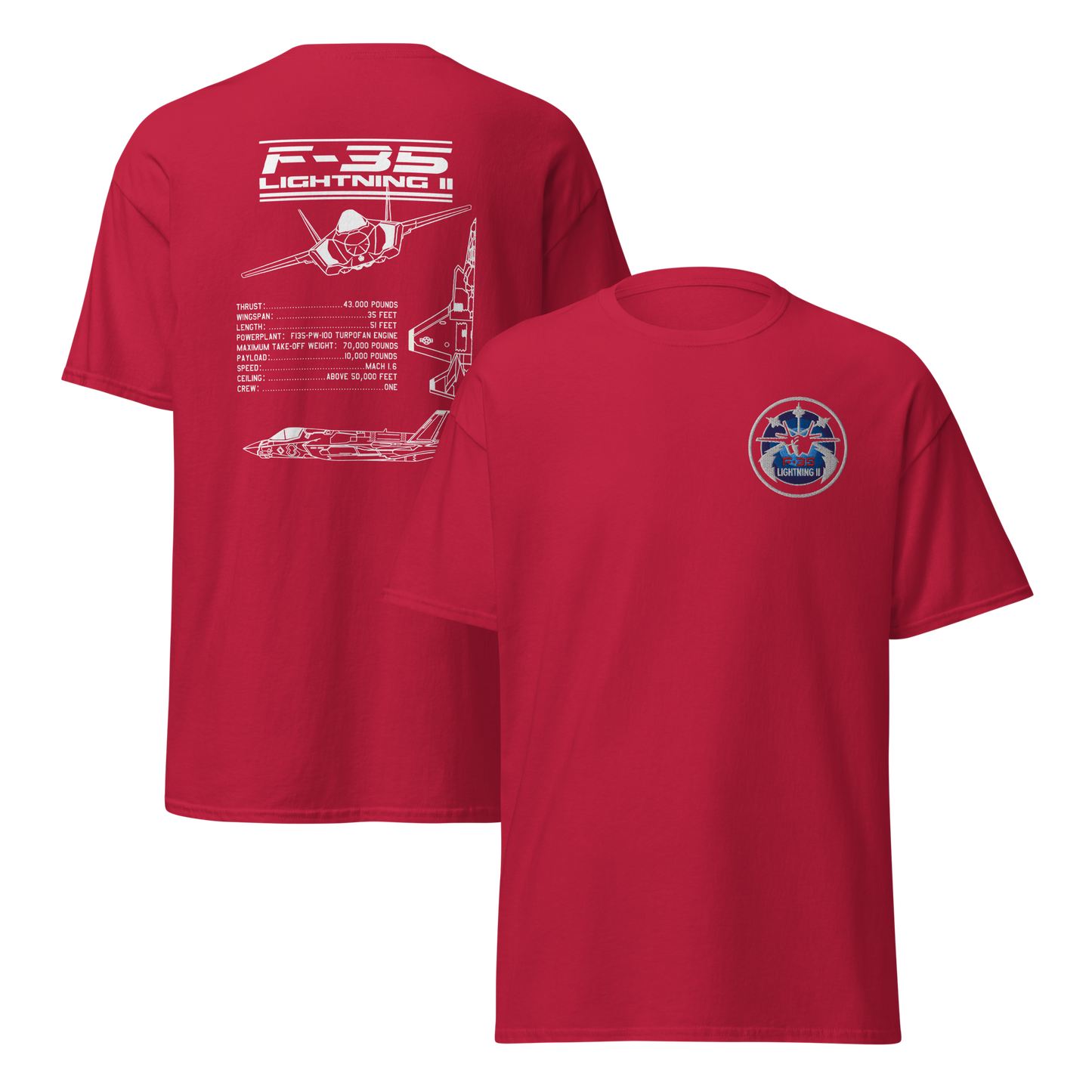 F-35 Lightning II T-Shirt – Embroidered Chest Badge & Jet Views + Specs Back – Stealth Fighter Tee for Aviation Enthusiasts