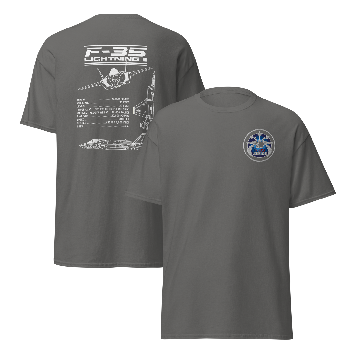 F-35 Lightning II T-Shirt – Embroidered Chest Badge & Jet Views + Specs Back – Stealth Fighter Tee for Aviation Enthusiasts