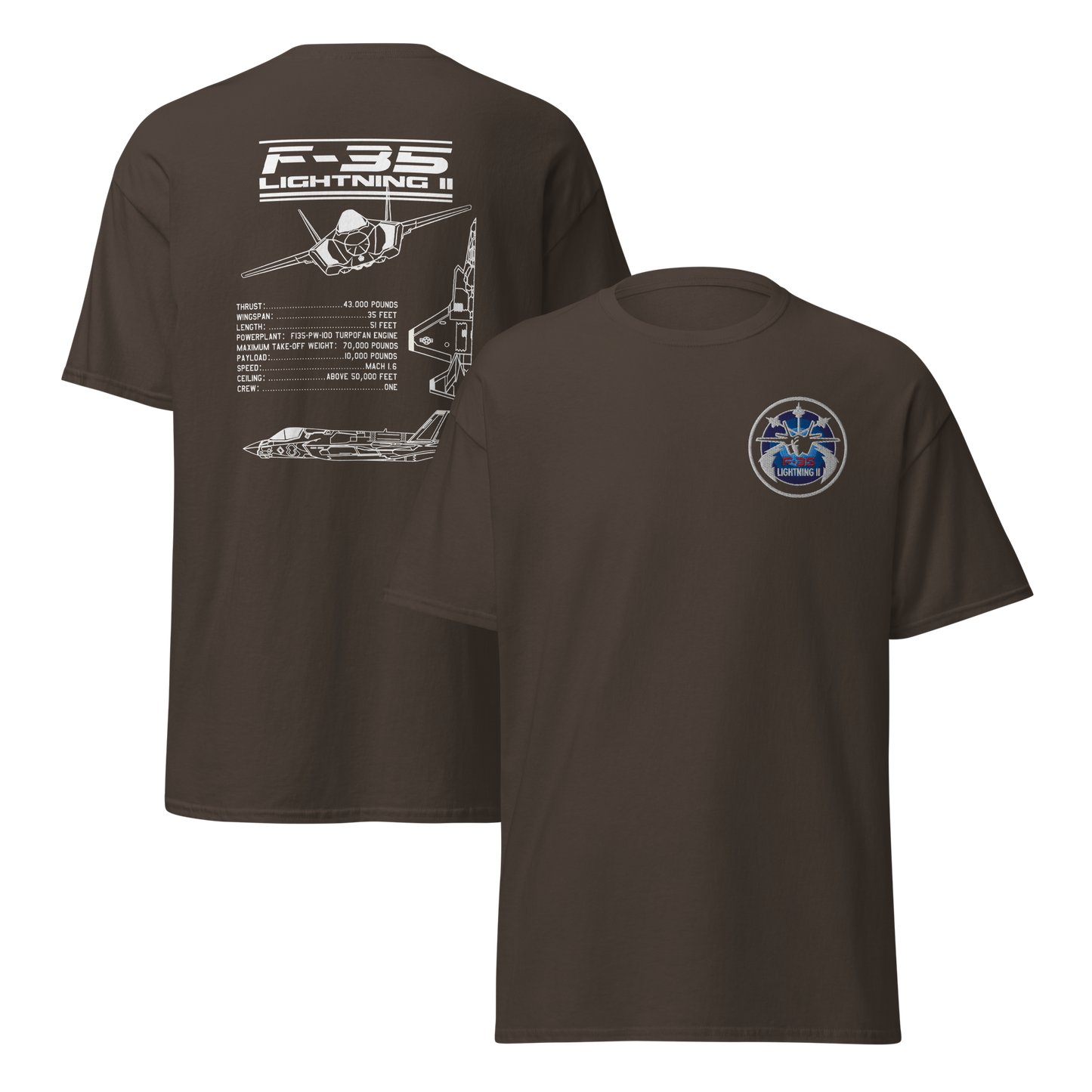 F-35 Lightning II T-Shirt – Embroidered Chest Badge & Jet Views + Specs Back – Stealth Fighter Tee for Aviation Enthusiasts