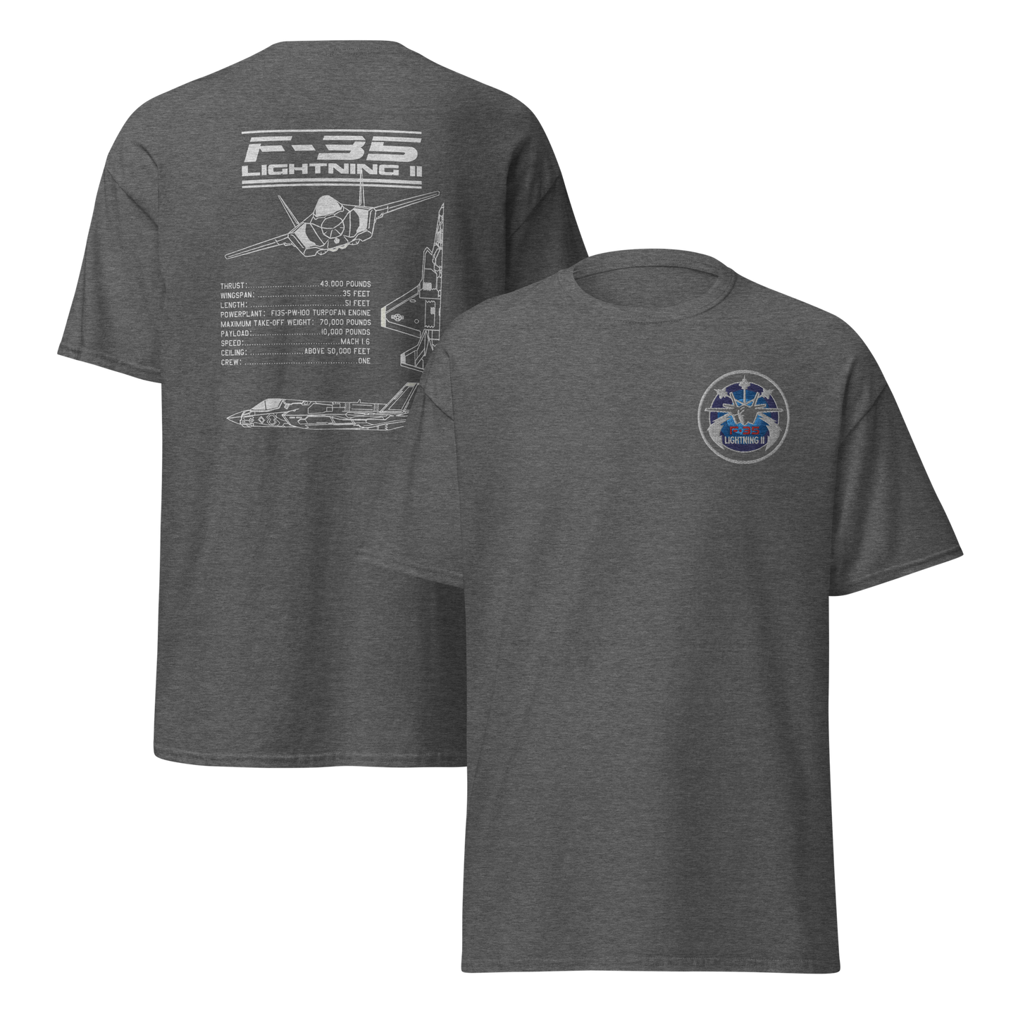 F-35 Lightning II T-Shirt – Embroidered Chest Badge & Jet Views + Specs Back – Stealth Fighter Tee for Aviation Enthusiasts