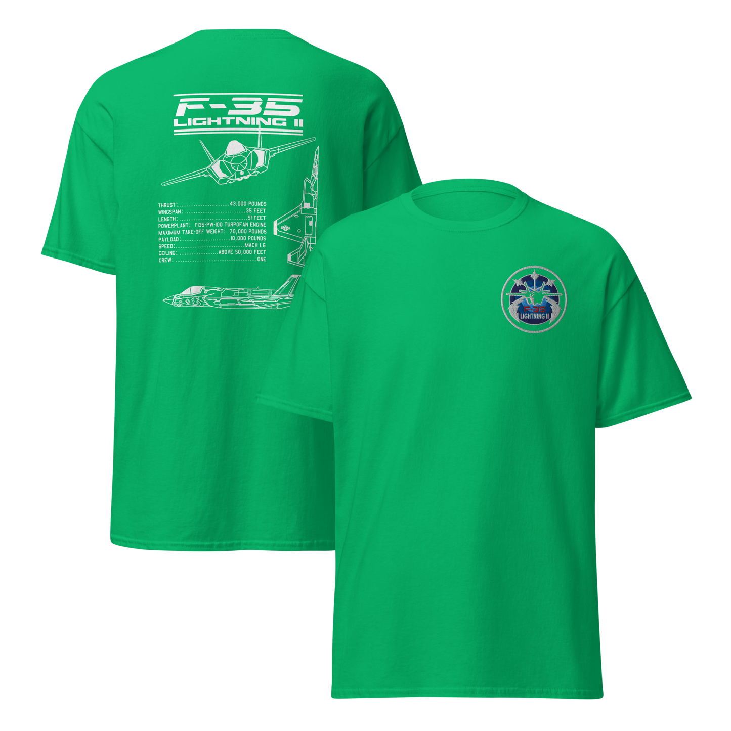 F-35 Lightning II T-Shirt – Embroidered Chest Badge & Jet Views + Specs Back – Stealth Fighter Tee for Aviation Enthusiasts