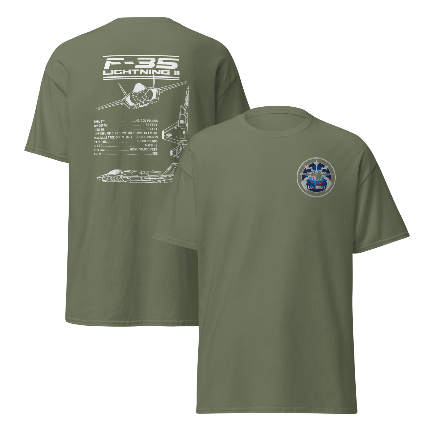 F-35 Lightning II T-Shirt – Embroidered Chest Badge & Jet Views + Specs Back – Stealth Fighter Tee for Aviation Enthusiasts