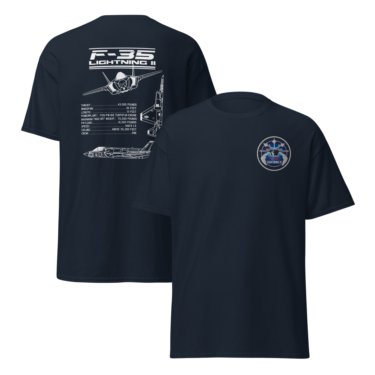 F-35 Lightning II T-Shirt – Embroidered Chest Badge & Jet Views + Specs Back – Stealth Fighter Tee for Aviation Enthusiasts