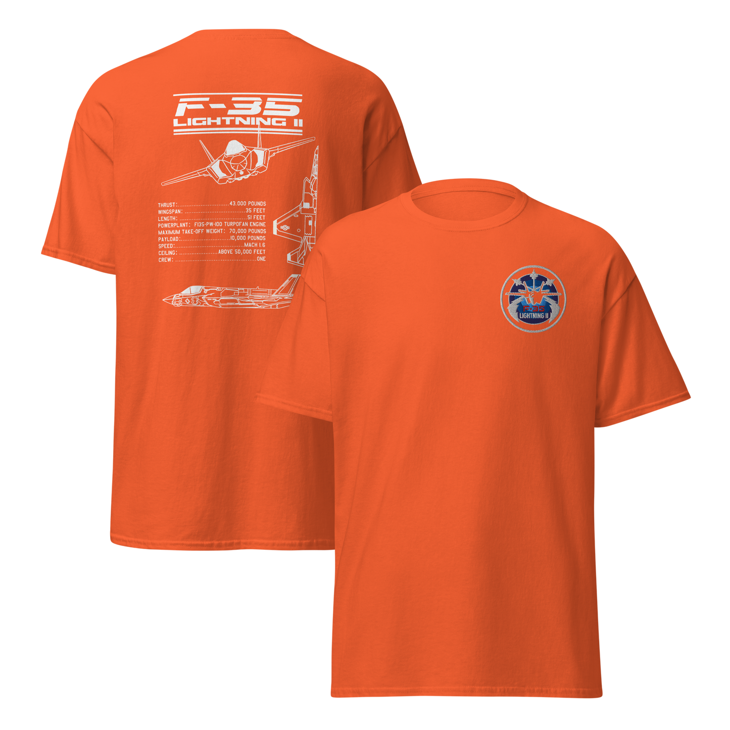 F-35 Lightning II T-Shirt – Embroidered Chest Badge & Jet Views + Specs Back – Stealth Fighter Tee for Aviation Enthusiasts