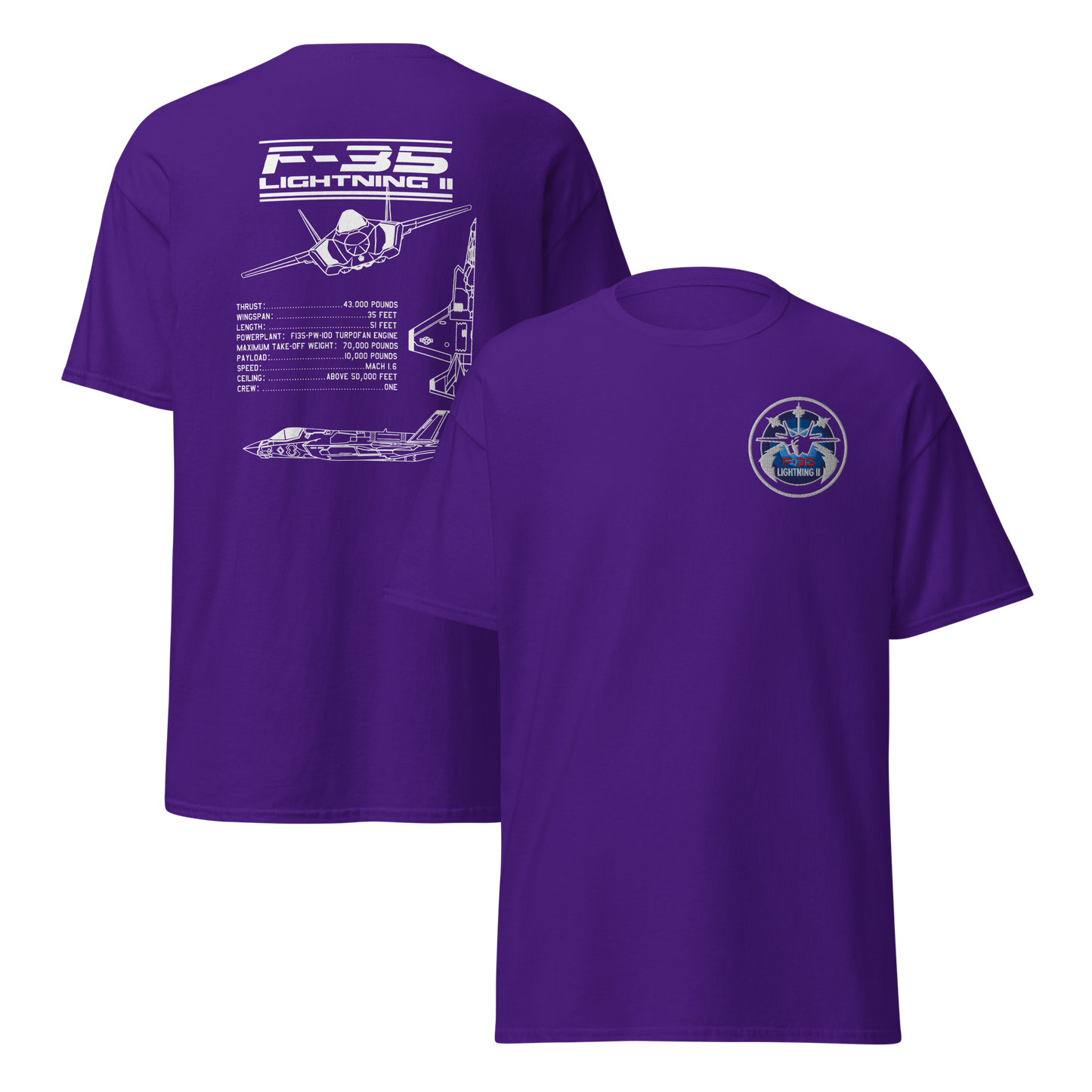 F-35 Lightning II T-Shirt – Embroidered Chest Badge & Jet Views + Specs Back – Stealth Fighter Tee for Aviation Enthusiasts