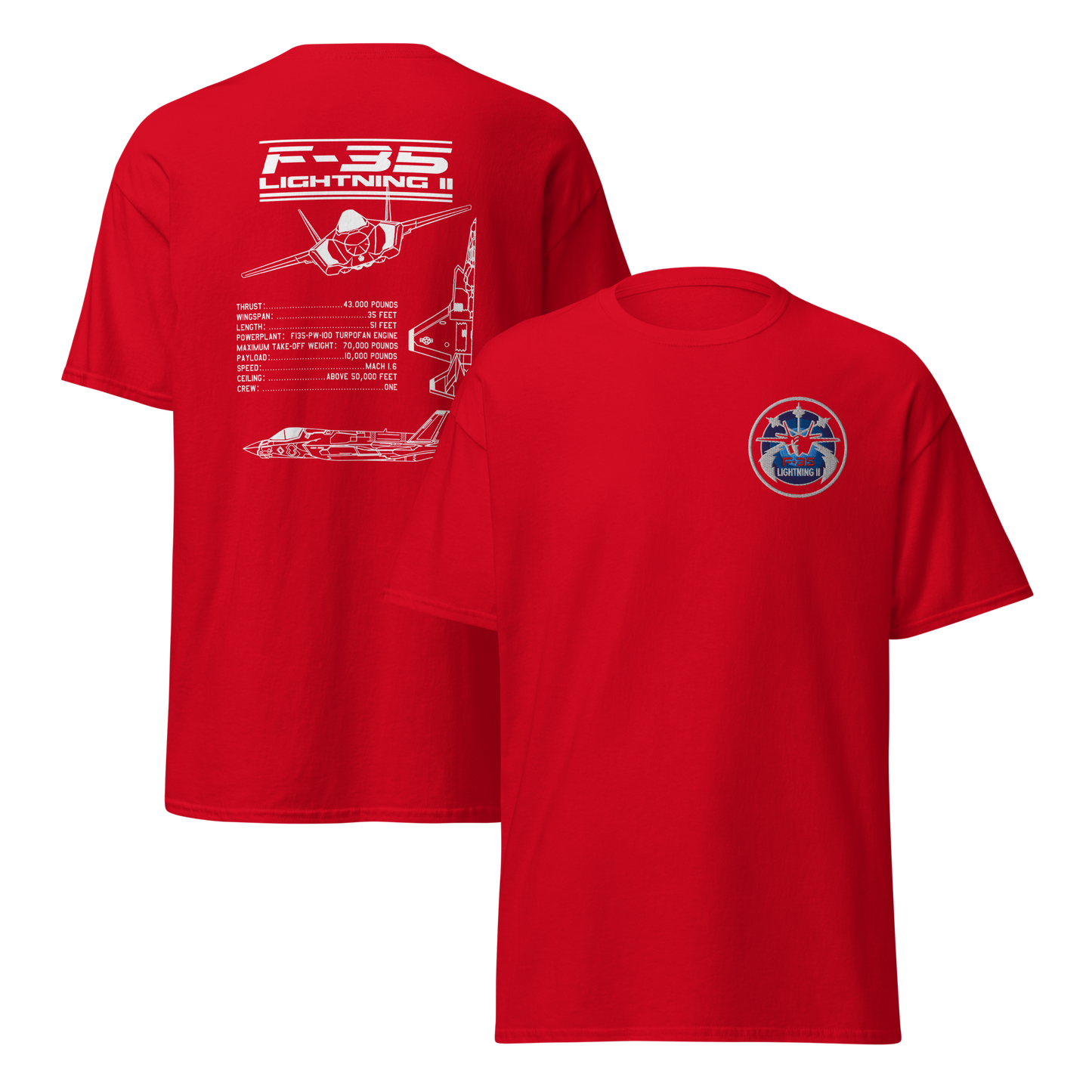 F-35 Lightning II T-Shirt – Embroidered Chest Badge & Jet Views + Specs Back – Stealth Fighter Tee for Aviation Enthusiasts