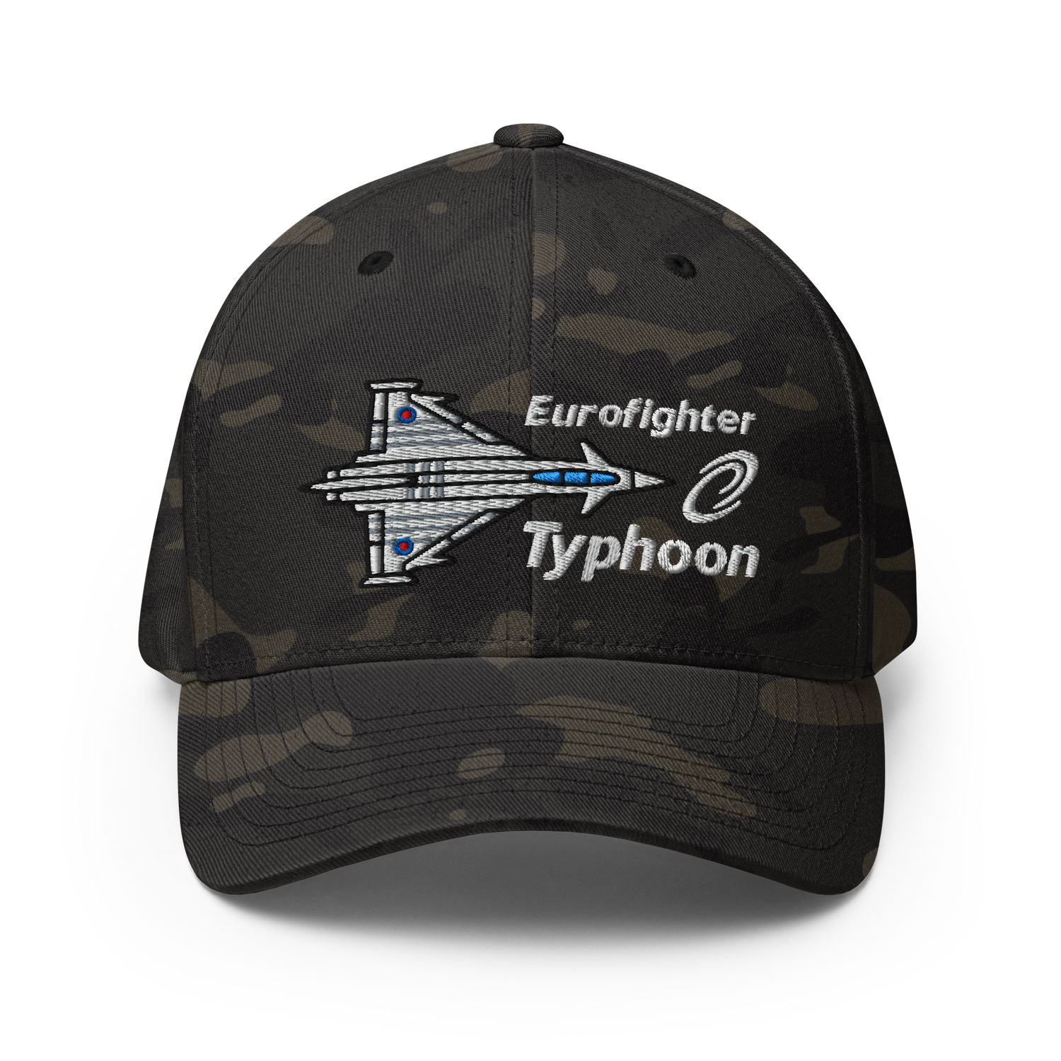 Eurofighter Typhoon fighter jet hat in multicam black, featuring an embroidered aircraft silhouette on a Flexfit cap.