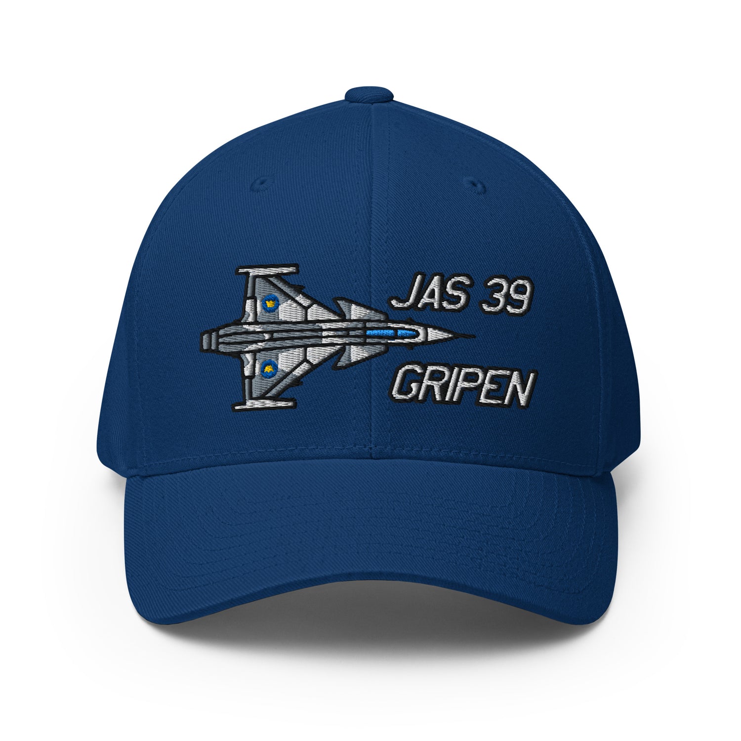 Royal blue Flexfit cap featuring embroidered JAS 39 Gripen Swedish fighter jet silhouette and text on the front.