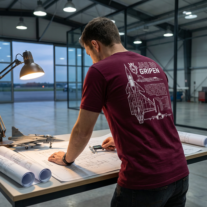 Back view of maroon Saab JAS 39 Gripen T-shirt with white blueprint print, worn by engineer in a hangar.
