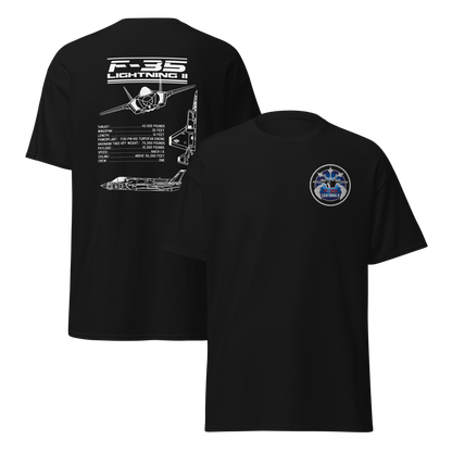F-35 Lightning II T-Shirt – Embroidered Chest Badge & Jet Views + Specs Back – Stealth Fighter Tee for Aviation Enthusiasts