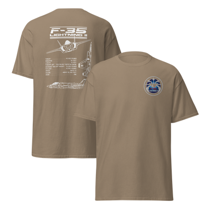 F-35 Lightning II T-Shirt – Embroidered Chest Badge & Jet Views + Specs Back – Stealth Fighter Tee for Aviation Enthusiasts