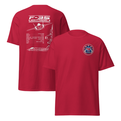 F-35 Lightning II T-Shirt – Embroidered Chest Badge & Jet Views + Specs Back – Stealth Fighter Tee for Aviation Enthusiasts