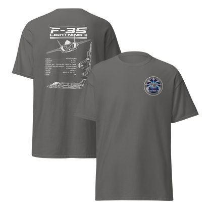 F-35 Lightning II T-Shirt – Embroidered Chest Badge & Jet Views + Specs Back – Stealth Fighter Tee for Aviation Enthusiasts