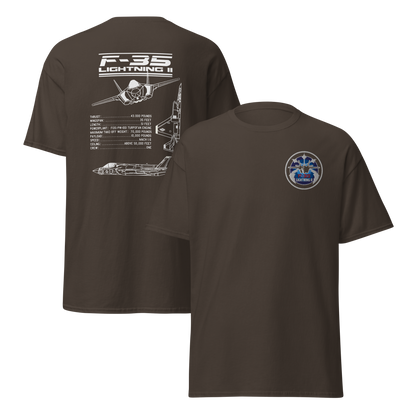 F-35 Lightning II T-Shirt – Embroidered Chest Badge & Jet Views + Specs Back – Stealth Fighter Tee for Aviation Enthusiasts