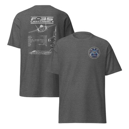 F-35 Lightning II T-Shirt – Embroidered Chest Badge & Jet Views + Specs Back – Stealth Fighter Tee for Aviation Enthusiasts