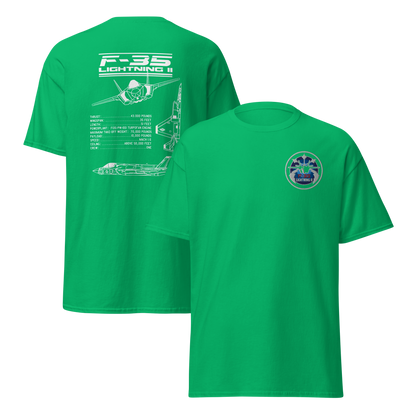 F-35 Lightning II T-Shirt – Embroidered Chest Badge & Jet Views + Specs Back – Stealth Fighter Tee for Aviation Enthusiasts