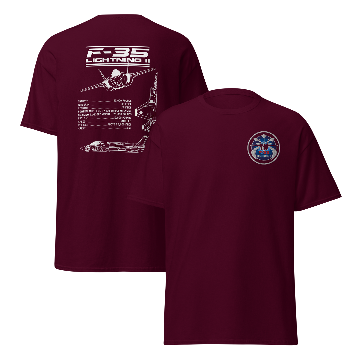 F-35 Lightning II T-Shirt – Embroidered Chest Badge & Jet Views + Specs Back – Stealth Fighter Tee for Aviation Enthusiasts