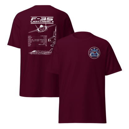 F-35 Lightning II T-Shirt – Embroidered Chest Badge & Jet Views + Specs Back – Stealth Fighter Tee for Aviation Enthusiasts