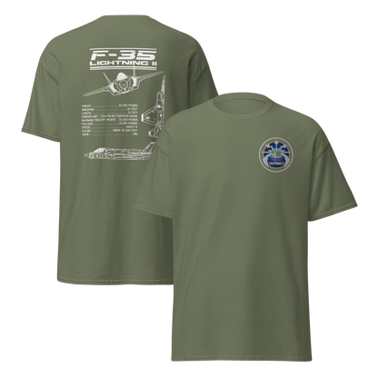 F-35 Lightning II T-Shirt – Embroidered Chest Badge & Jet Views + Specs Back – Stealth Fighter Tee for Aviation Enthusiasts