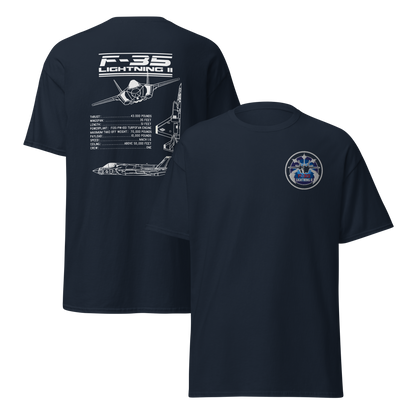 F-35 Lightning II T-Shirt – Embroidered Chest Badge & Jet Views + Specs Back – Stealth Fighter Tee for Aviation Enthusiasts