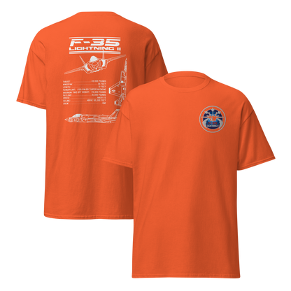F-35 Lightning II T-Shirt – Embroidered Chest Badge & Jet Views + Specs Back – Stealth Fighter Tee for Aviation Enthusiasts