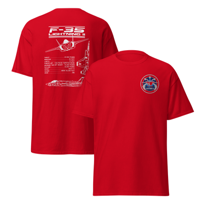 F-35 Lightning II T-Shirt – Embroidered Chest Badge & Jet Views + Specs Back – Stealth Fighter Tee for Aviation Enthusiasts