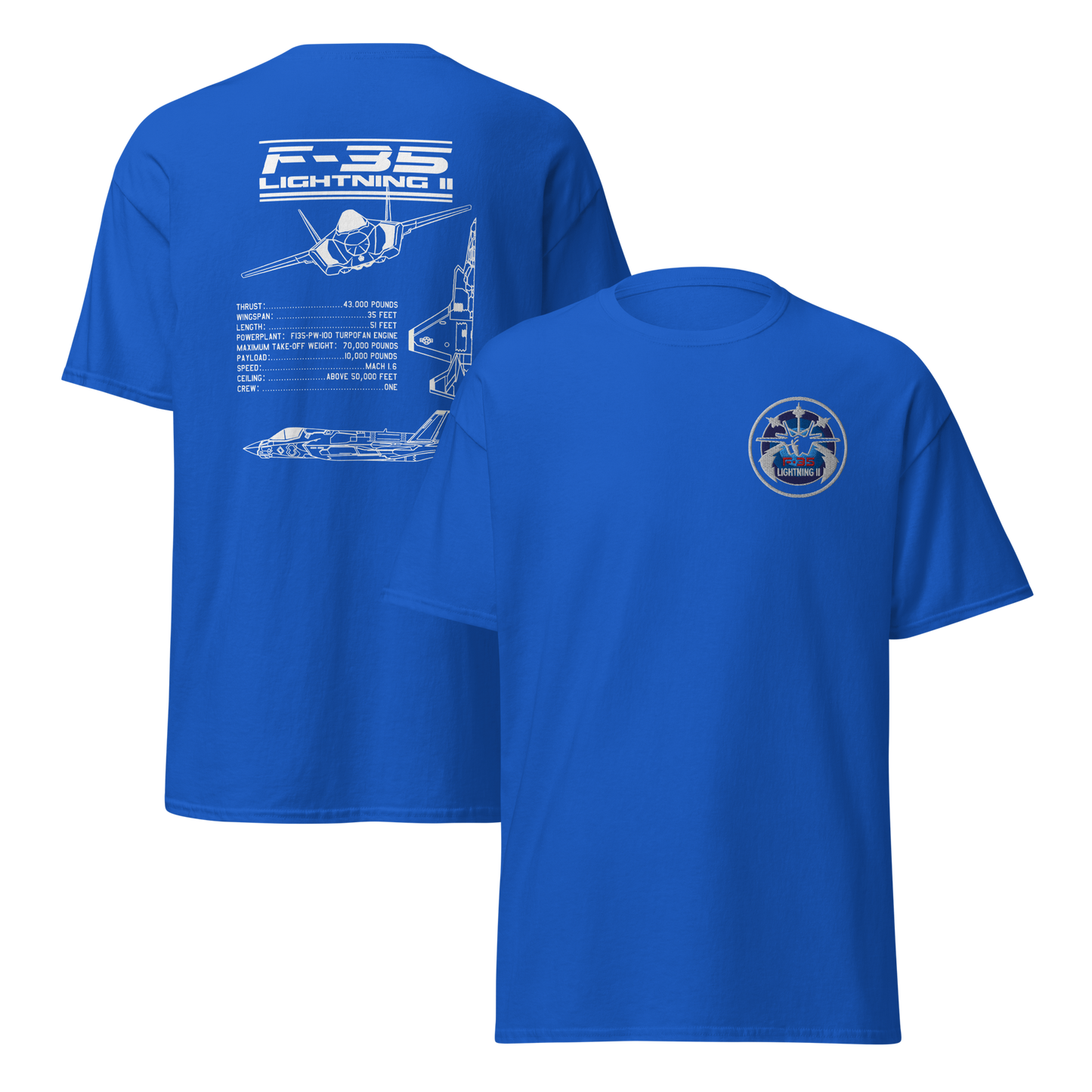 F-35 Lightning II T-Shirt – Embroidered Chest Badge & Jet Views + Specs Back – Stealth Fighter Tee for Aviation Enthusiasts