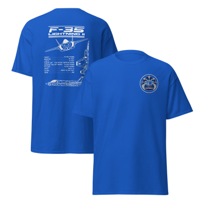 F-35 Lightning II T-Shirt – Embroidered Chest Badge & Jet Views + Specs Back – Stealth Fighter Tee for Aviation Enthusiasts